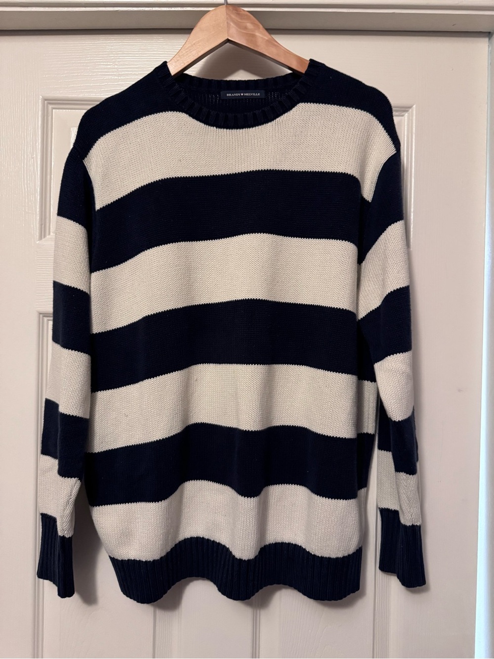 Brandy Melville Navy and White Wide-Stripe Crewneck Sweater
